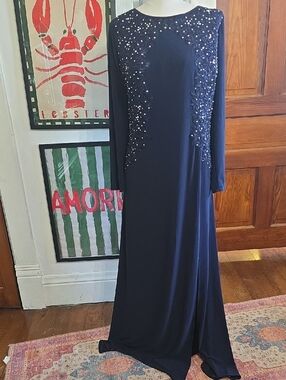 Alex Evenings Navy Beaded Long Sleeve Evening Gown Wedding Bridal Mob 18w